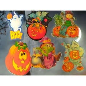 6 Vintage 1994 Double Sided Halloween Car/Home Window Color Clings W/Hangers EC